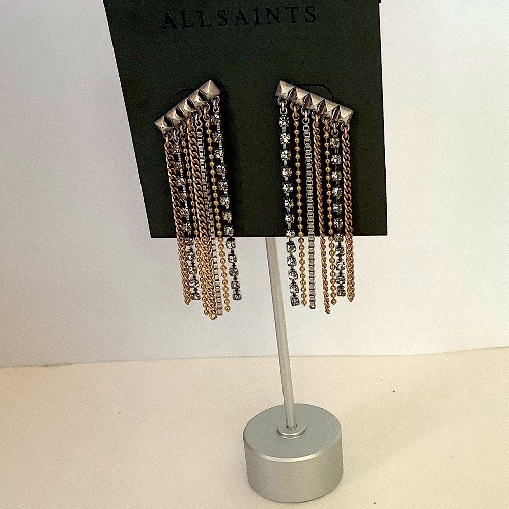 All Saints Fringe Statement Silver Gold Earrings New 45$